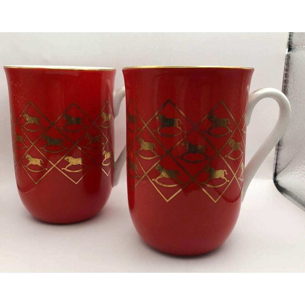VINTAGE Otagiri Coffee Mug Tea Cup Red Gold Rocking Horse Set of 2 Holiday Japan